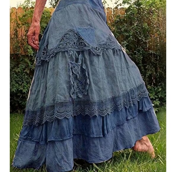 Dresses & Skirts - Retro Bohemian Maxi Skirt - Non-Stretchy Loose Fit Long & Flowy with Lace Trim